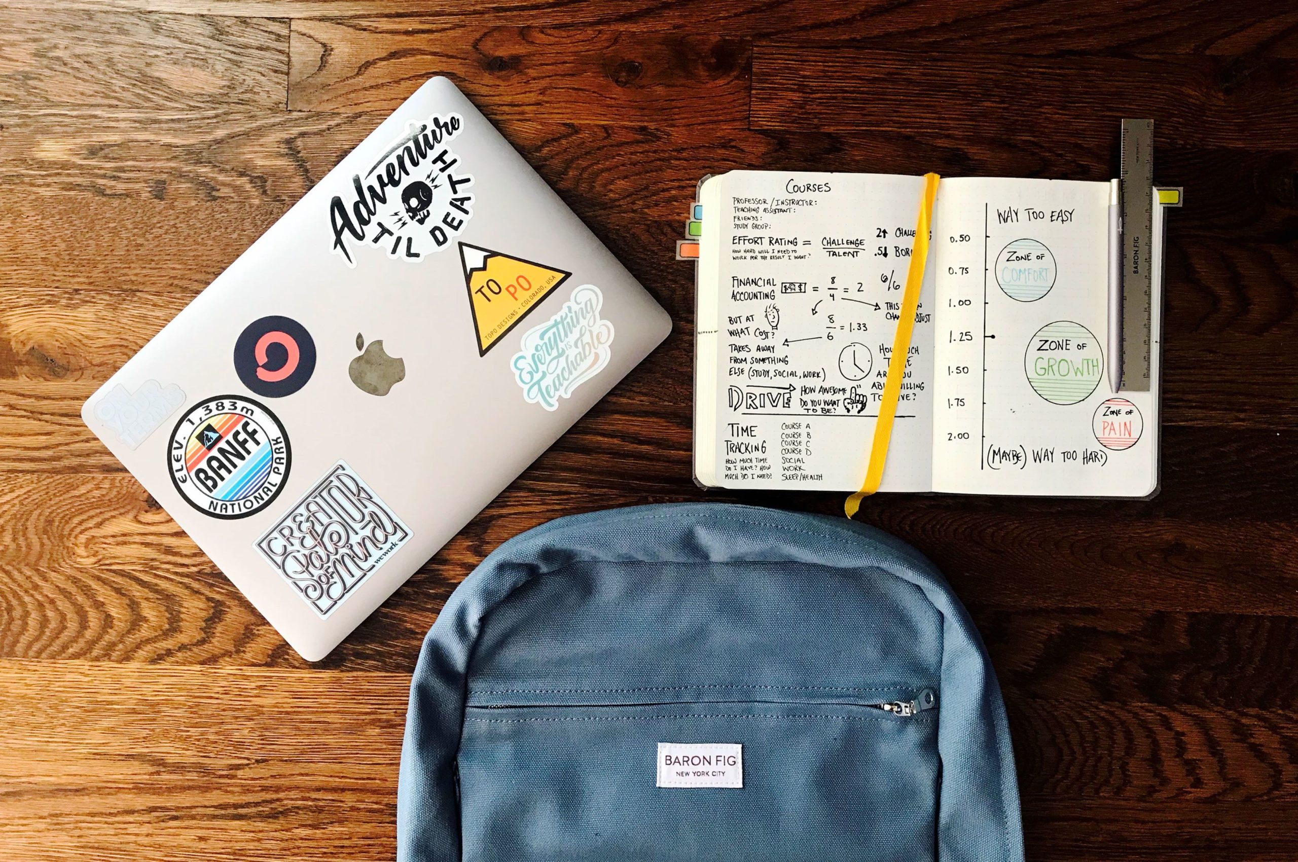 Laptop covered in stickers, a notebook of handwritten notes and a canvas backpack on a wooden desk