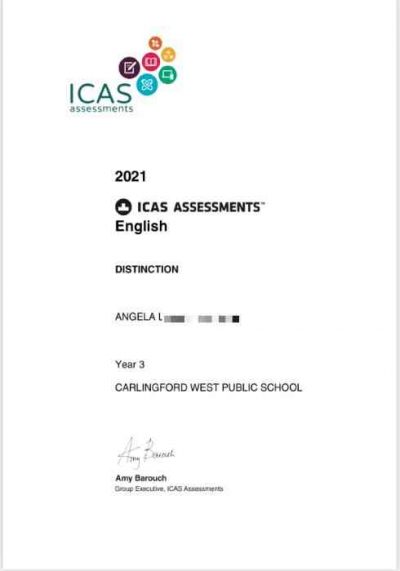 ICAS English results certificate