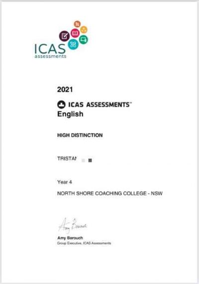 ICAS English results certificate