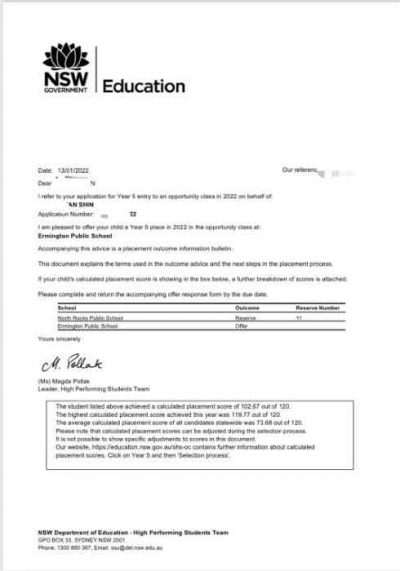 Opportunity class 2022 placement letter