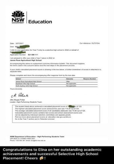 Selective high school 2021 placement letter