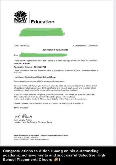 Selective high school 2021 placement letter