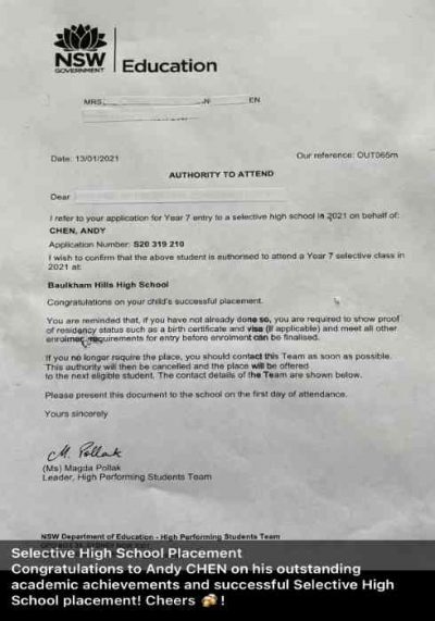 Selective high school 2021 placement letter