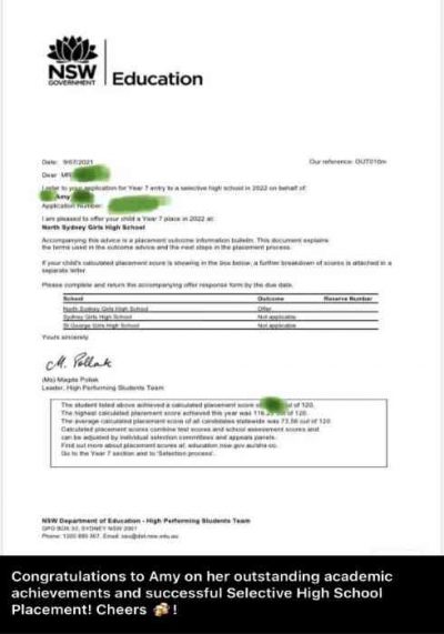 Selective high school 2021 placement letter