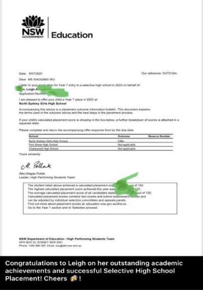 Selective high school 2021 placement letter