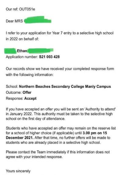 Selective high school 2021 placement letter