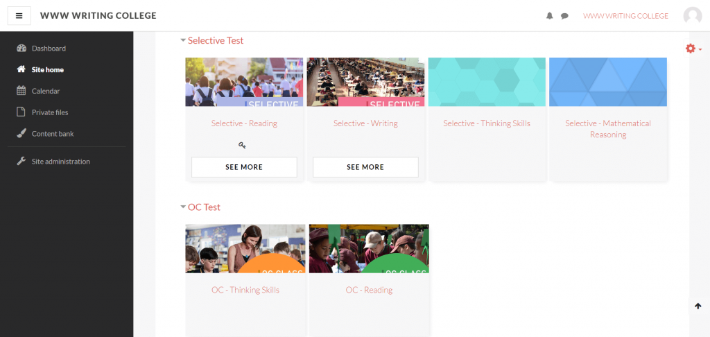 learn.writingcollege dashboard