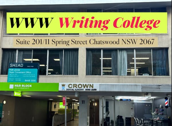 WWW Writing College sign above Suite 201/11 Spring Street, Chatswood